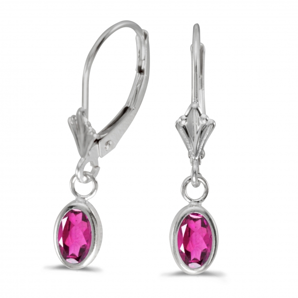 14k White Gold Oval Pink Topaz Bezel Lever-back Earrings Davidson Jewelers East Moline, IL