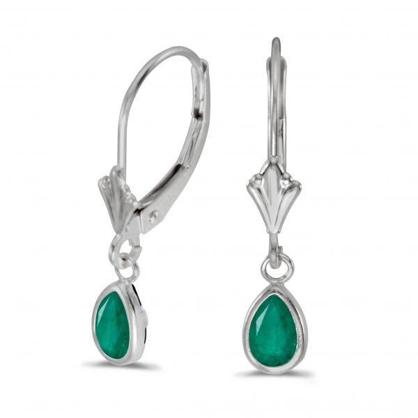 14k White Gold Pear Emerald Bezel Lever-back Earrings Davidson Jewelers East Moline, IL