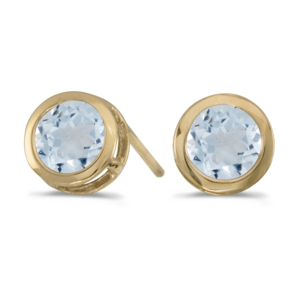 14k Yellow Gold Round Aquamarine Bezel Stud Earrings Davidson Jewelers East Moline, IL