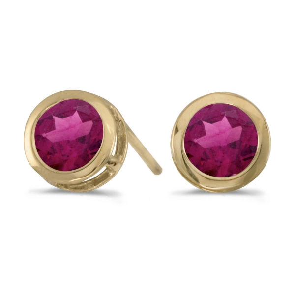 14k Yellow Gold Round Garnet Bezel Stud Earrings