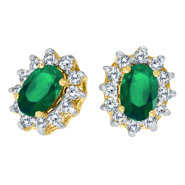 14k Yellow Gold Oval Emerald And Diamond Earrings 
