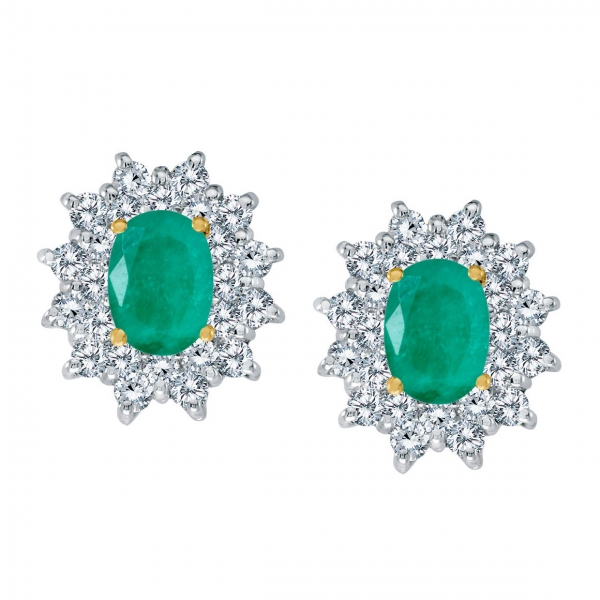 14k Yellow Gold Oval Emerald and Diamond Stud Earrings Davidson Jewelers East Moline, IL