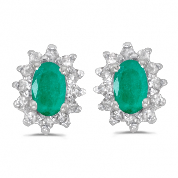 14k White Gold Oval Emerald And Diamond Earrings Davidson Jewelers East Moline, IL