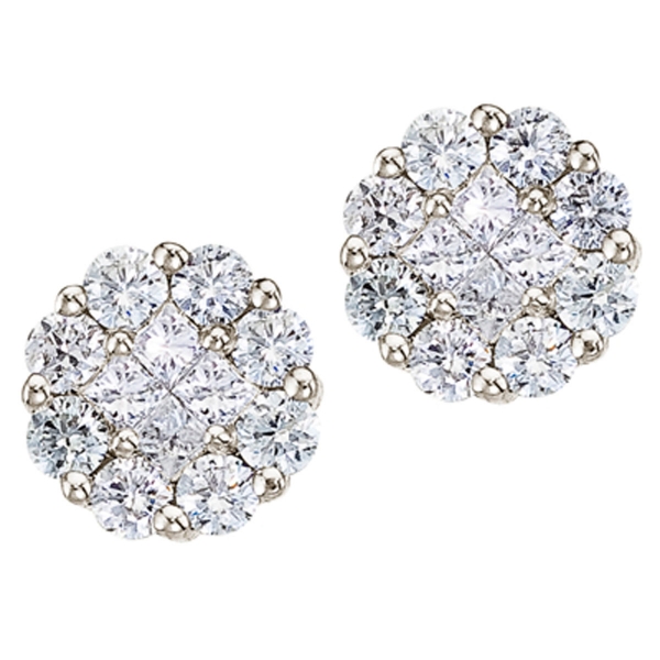 14K White Gold 1 ct Diamond Clustaire Stud Earrings Davidson Jewelers East Moline, IL