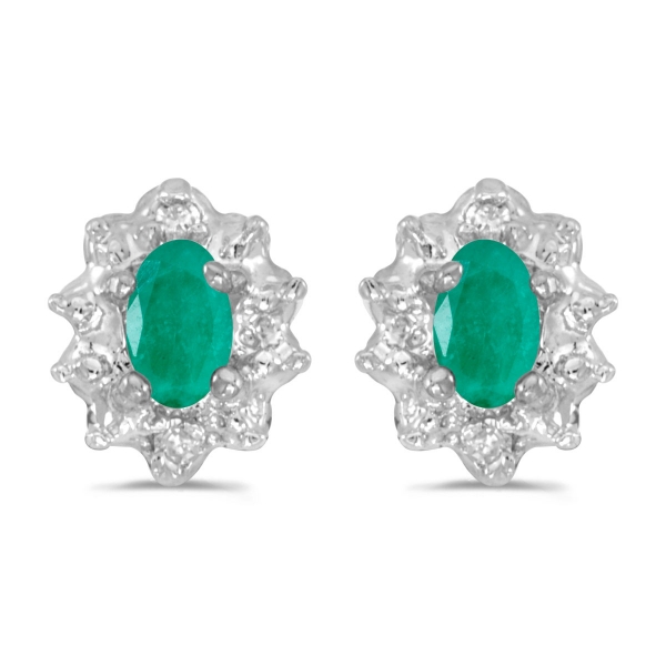 14k White Gold Oval Emerald And Diamond Earrings Davidson Jewelers East Moline, IL