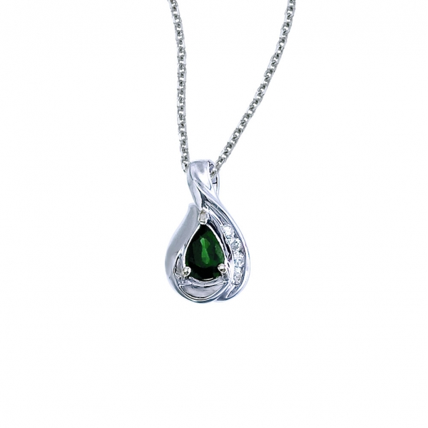 14k White Gold Pear Emerald and Diamond Pendant Davidson Jewelers East Moline, IL