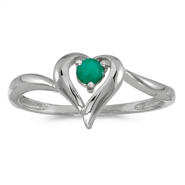 14k White Gold Round Emerald Heart Ring 
