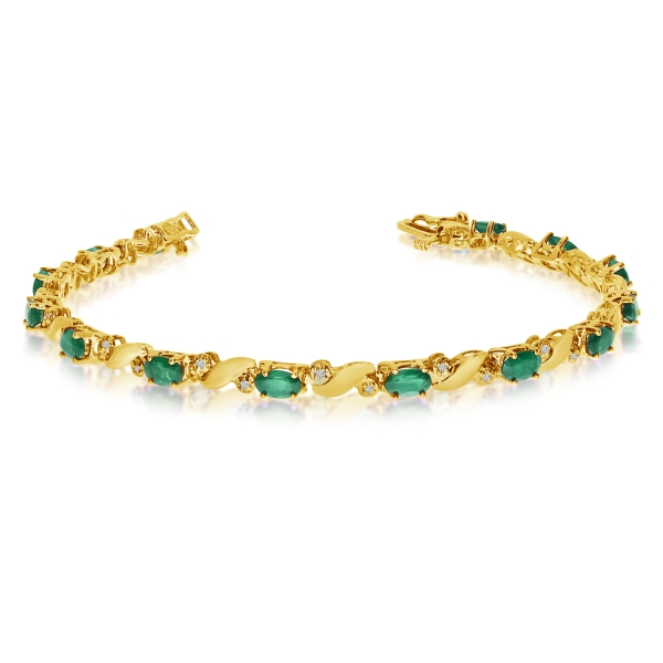 14k Yellow Gold Natural Emerald And Diamond Tennis Bracelet 