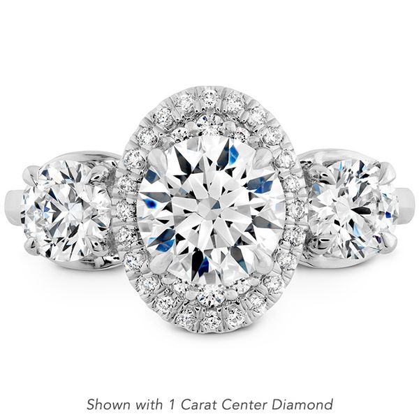 0.15 ctw. Juliette 3 Stone Oval Halo Engagement Ring in 18K White Gold Romm Diamonds Brockton, MA