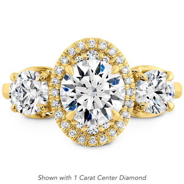 0.17 ctw. Juliette 3 Stone Oval Halo Engagement Ring in 18K Yellow Gold Galloway and Moseley, Inc. Sumter, SC