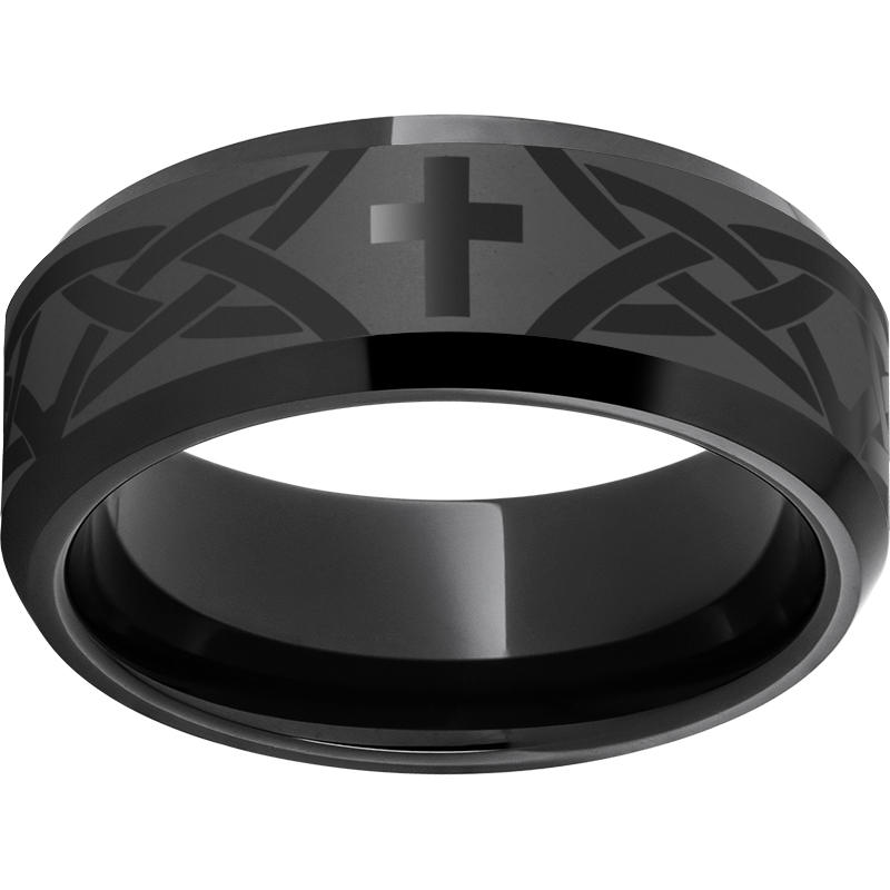 Black Diamond Ceramic™ Beveled Edge Band with Cross Knot Laser Engraving Mitchell's Jewelry Norman, OK