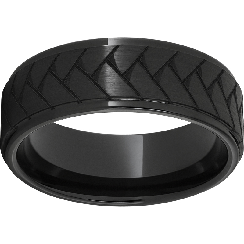 Black Diamond Ceramic™ Flat Grooved Edge Band with Satin Finish and Weave Laser Engraving Confer's Jewelers Bellefonte, PA