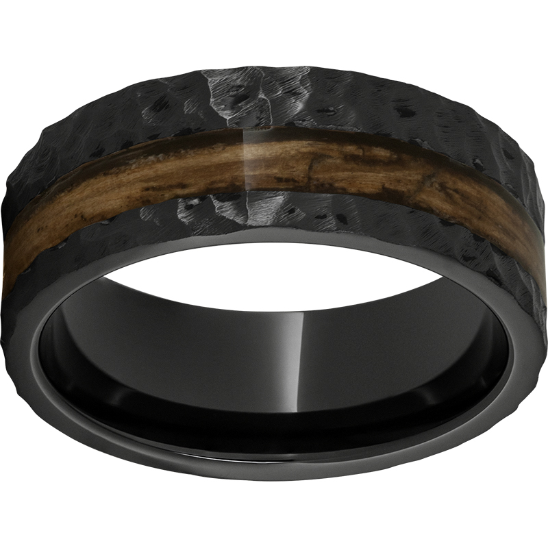 Black Diamond Ceramic™ Pipe Cut Band with Bourbon Barrel Aged™ Off-Center Inlay and Moon Finish Jerald Jewelers Latrobe, PA