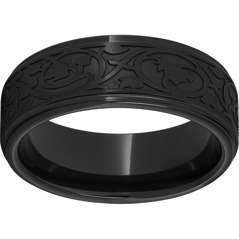 Black Diamond Ceramic™ Flat Grooved Edge Band with Art Nouveau Laser Engraving Lennon's W.B. Wilcox Jewelers New Hartford, NY