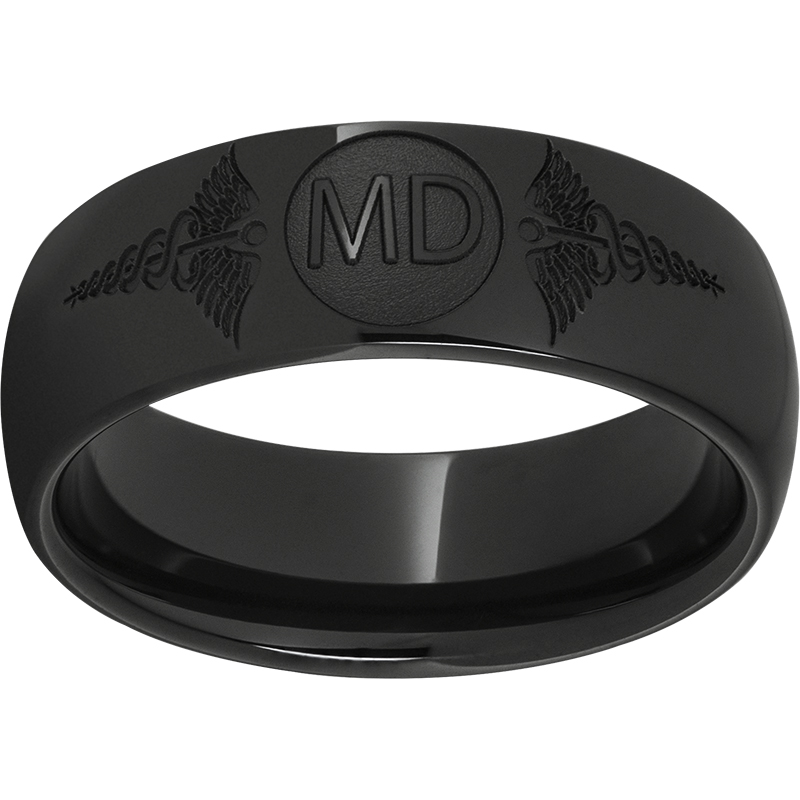 Black Diamond Ceramic™ Domed Band with Laser Engraving of Caduceus & Medical Doctor Initials  Michele & Company Fine Jewelers Lapeer, MI