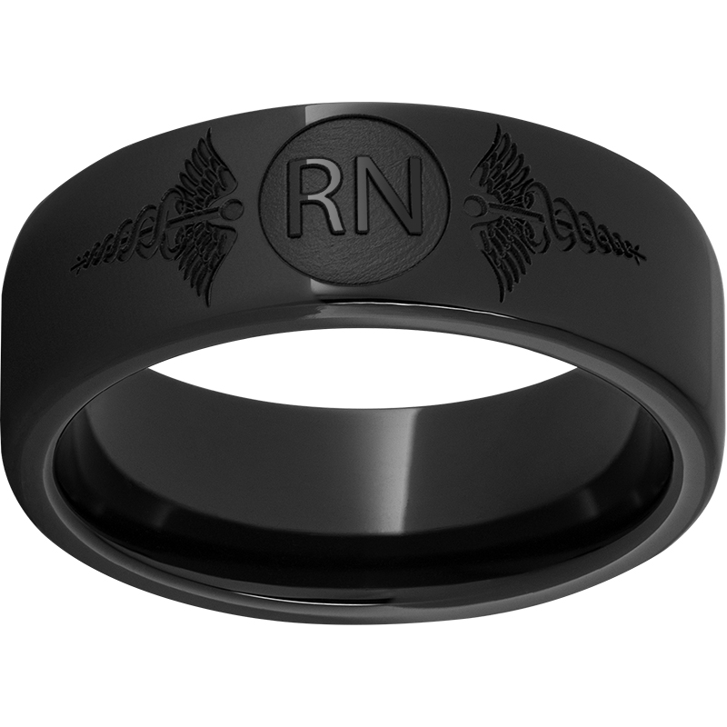 Black Diamond Ceramic™ Pipe Cut Band with Laser Engraving of Caduceus & Registered Nurse Initials Mitchell's Jewelry Norman, OK