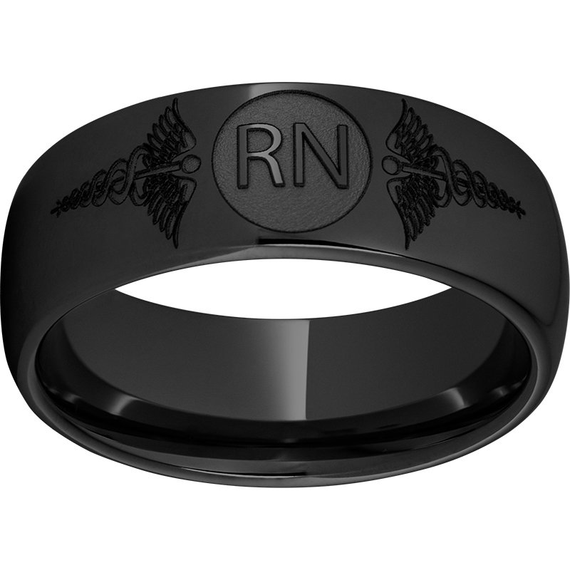 Black Diamond Ceramic™ Domed Band with Laser Engraving of Caduceus & Registered Nurse Initials  Lennon's W.B. Wilcox Jewelers New Hartford, NY