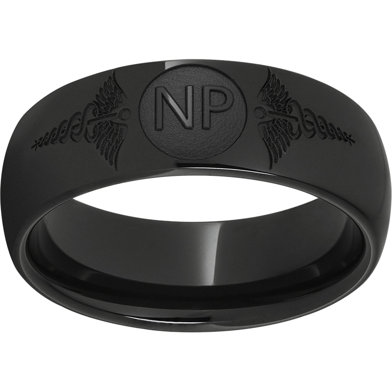 Black Diamond Ceramic™ Domed Band with Laser Engraving of Caduceus & Nurse Practitioner Initials  Mitchell's Jewelry Norman, OK
