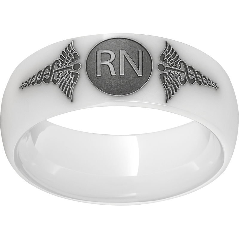 White Diamond Ceramic™ Domed Band with Laser Engraving of Caduceus & Registered Nurse Initials  Lennon's W.B. Wilcox Jewelers New Hartford, NY
