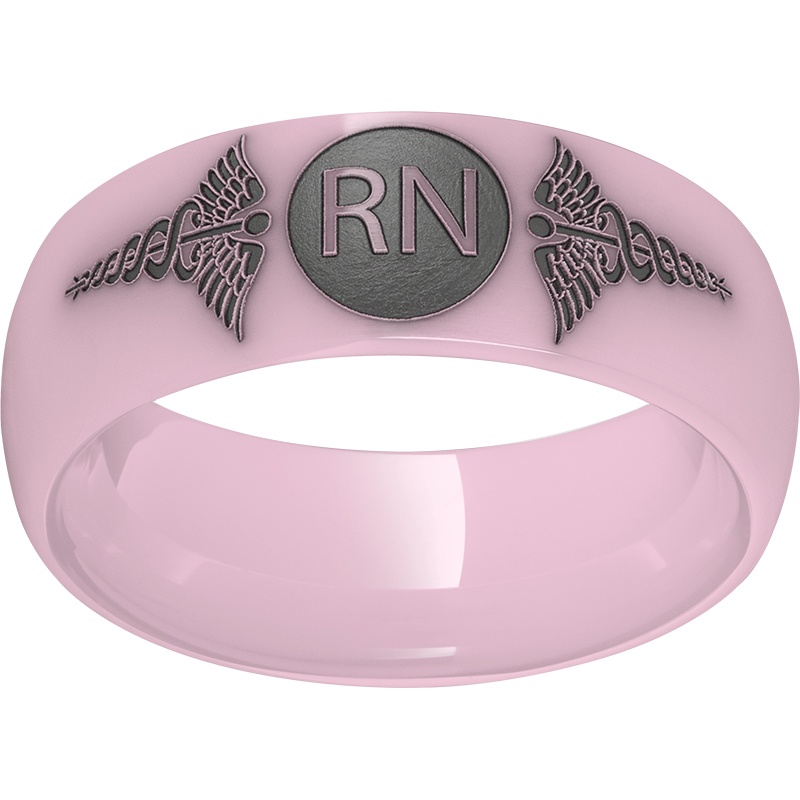 Pink Diamond Ceramic™ Domed Band with Laser Engraving of Caduceus & Registered Nurse Initials  Milano Jewelers Pembroke Pines, FL