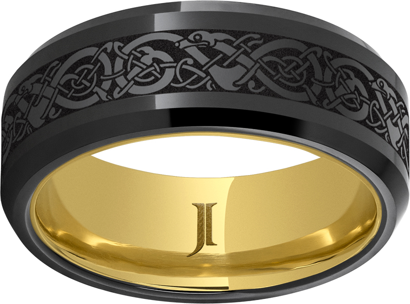 Black Diamond Ceramic™ Beveled Edge Band with Viking Laser Engraving and Hidden Gold™ 10K Yellow Gold Inlay Lennon's W.B. Wilcox Jewelers New Hartford, NY