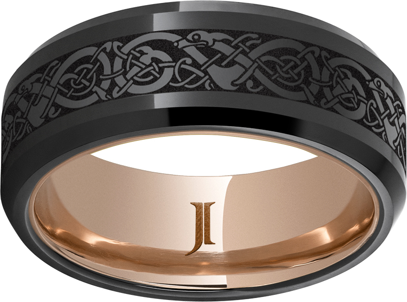 Black Diamond Ceramic™ Beveled Edge Band with Viking Laser Engraving and Hidden Gold™ 10K Rose Gold Inlay Michele & Company Fine Jewelers Lapeer, MI