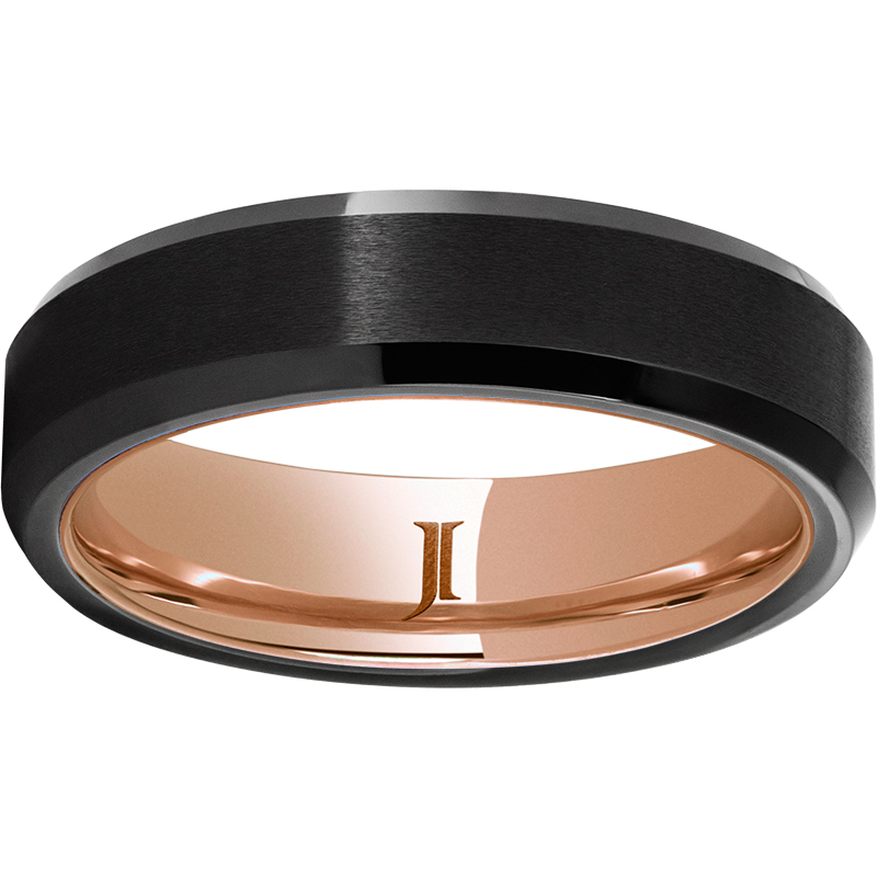 Black Diamond Ceramic™ Beveled Edge Band with Satin Finish and Hidden Gold™ 10K Rose Gold Inlay Mitchell's Jewelry Norman, OK