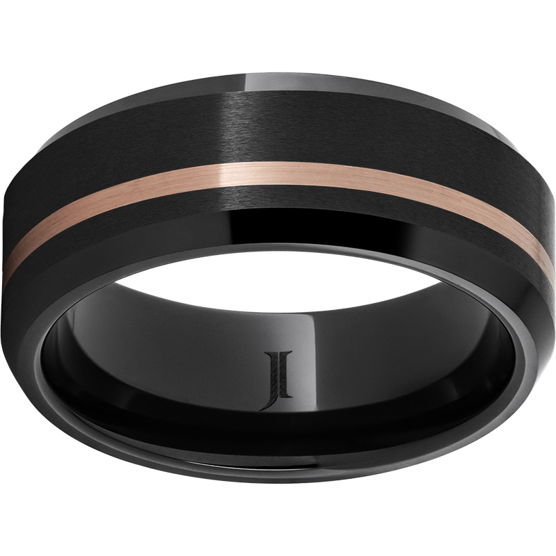 Black Diamond Ceramic™ Beveled Edge Band with 1mm Off-Center 14K Rose Gold Inlay and Satin Finish Mitchell's Jewelry Norman, OK