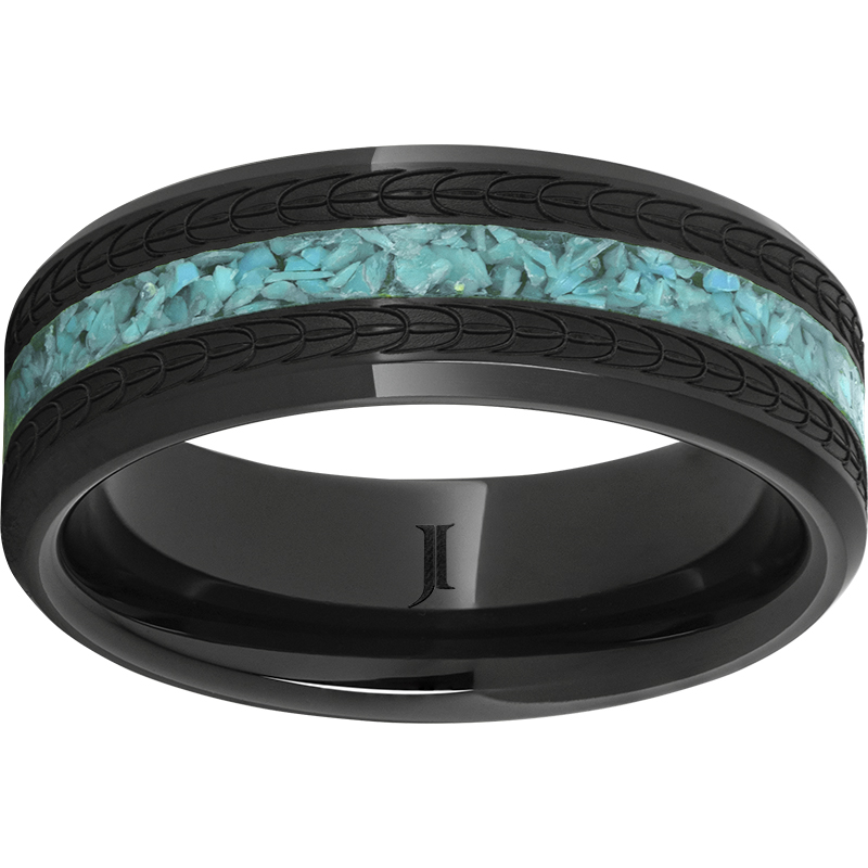 Black Diamond Ceramic™ Beveled Edge Band with Turquoise Inlay and Feather Laser Engraving Lennon's W.B. Wilcox Jewelers New Hartford, NY
