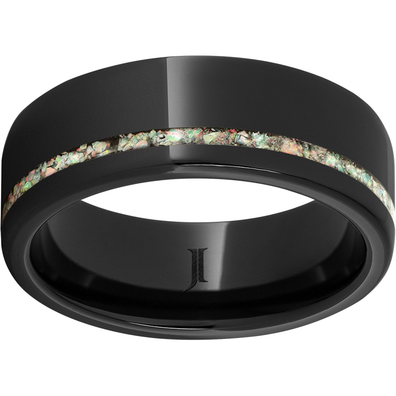 Black Diamond Ceramic™ Flat Band with 1mm Off-Center Opal Inlay Jerald Jewelers Latrobe, PA