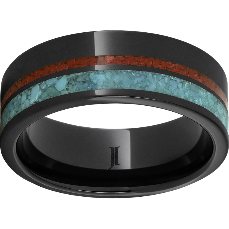 Black Diamond Ceramic™ Flat Band with 1mm Coral and 2mm Off-Center Turquoise Inlay Milano Jewelers Pembroke Pines, FL