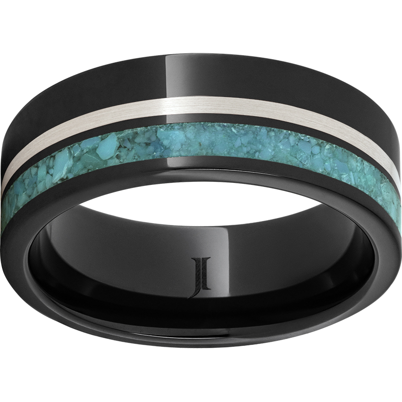 Black Diamond Ceramic™ Flat Band with 1mm Sterling Silver and 2mm Off-Center Turquoise Inlay Milano Jewelers Pembroke Pines, FL