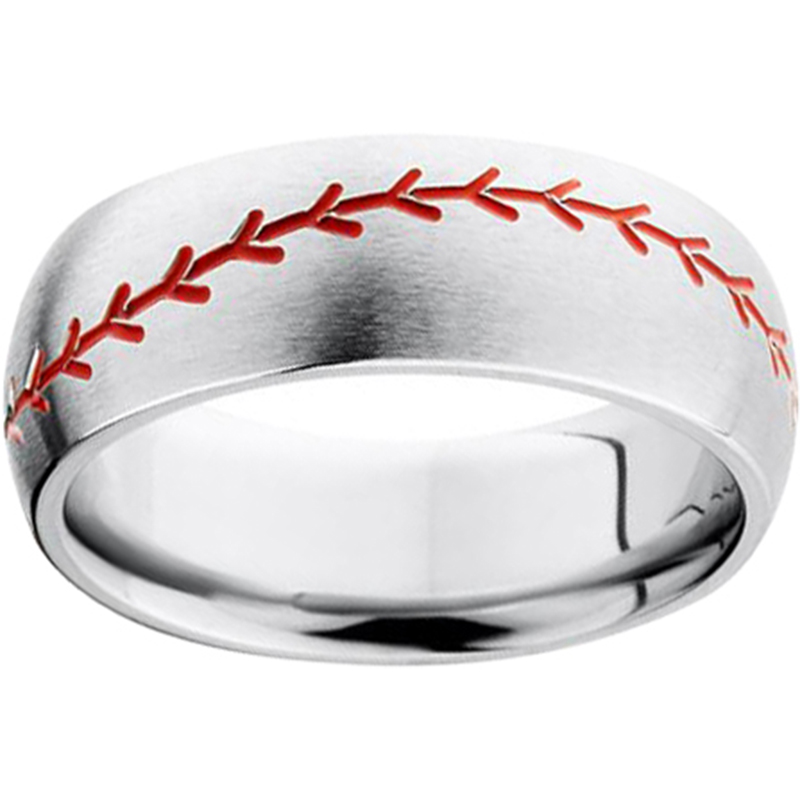 Serinium® Domed Band with Milled Baseball stitch and Red Enamel Inlay Milano Jewelers Pembroke Pines, FL