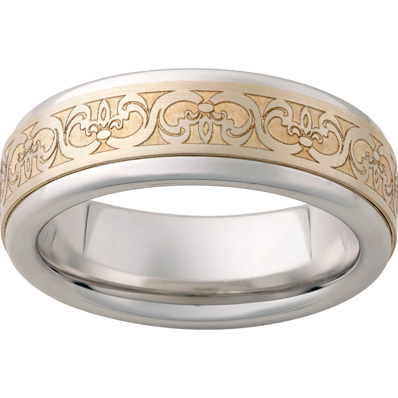 Serinium® Pipe Cut Band with a 5mm 14K Yellow Gold Inlay and Fleur de Lis Laser Engraving Ritzi Jewelers Brookville, IN