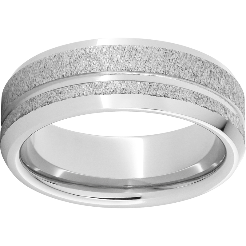 Serinium® Beveled Edge Band with a 1mm Off-Center Groove and Grain Finish Milano Jewelers Pembroke Pines, FL