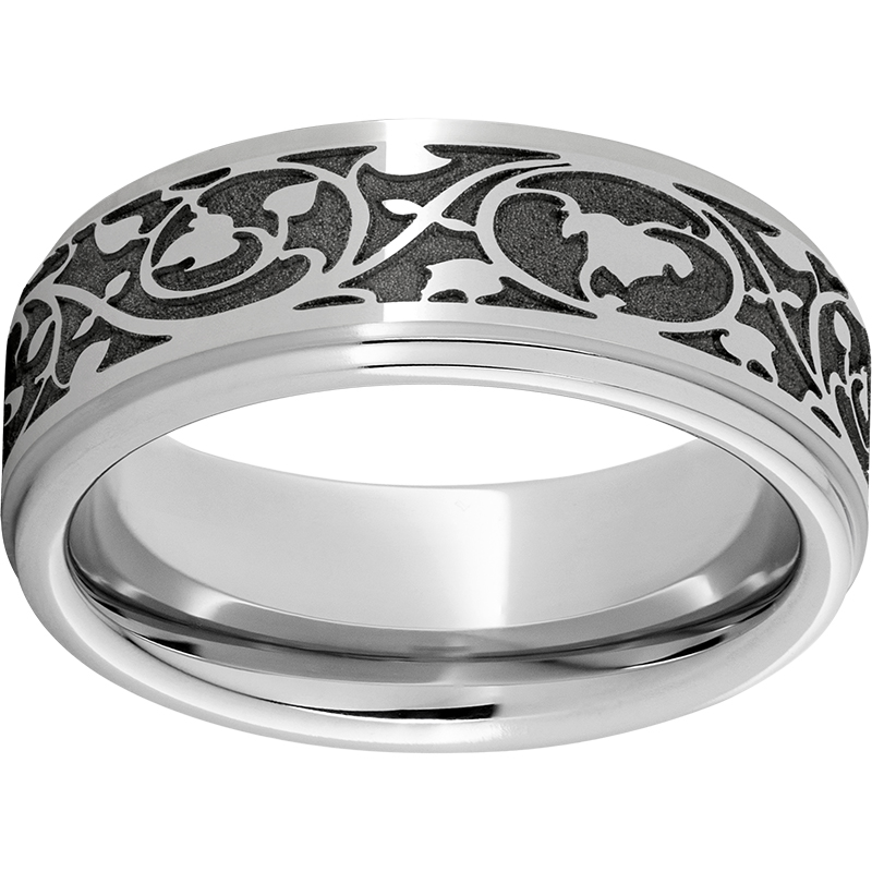 Serinium® Flat Grooved Edge Band with Deep Art Nouveau Laser Engraving Lennon's W.B. Wilcox Jewelers New Hartford, NY
