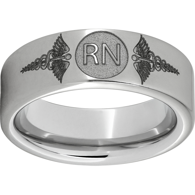 Serinium® Pipe Cut Band with Laser Engraving of Caduceus & Registered Nurse Initials  Lennon's W.B. Wilcox Jewelers New Hartford, NY