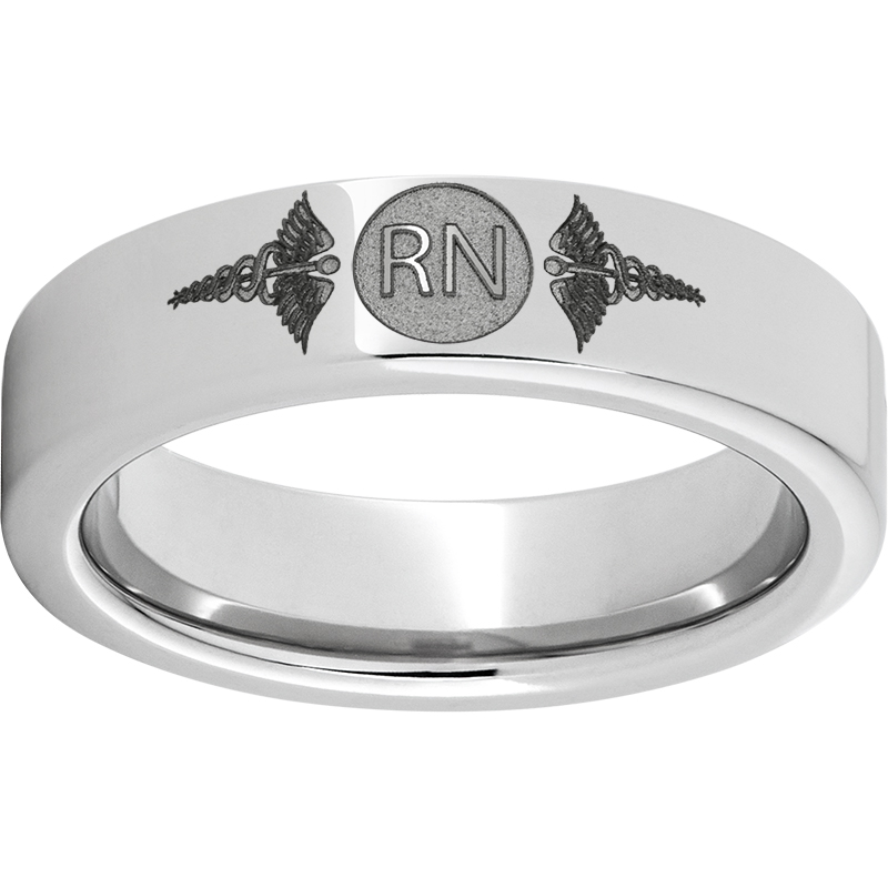 Serinium® Pipe Cut Band with Laser Engraving of Caduceus & Registered Nurse Initials  Mesa Jewelers Grand Junction, CO