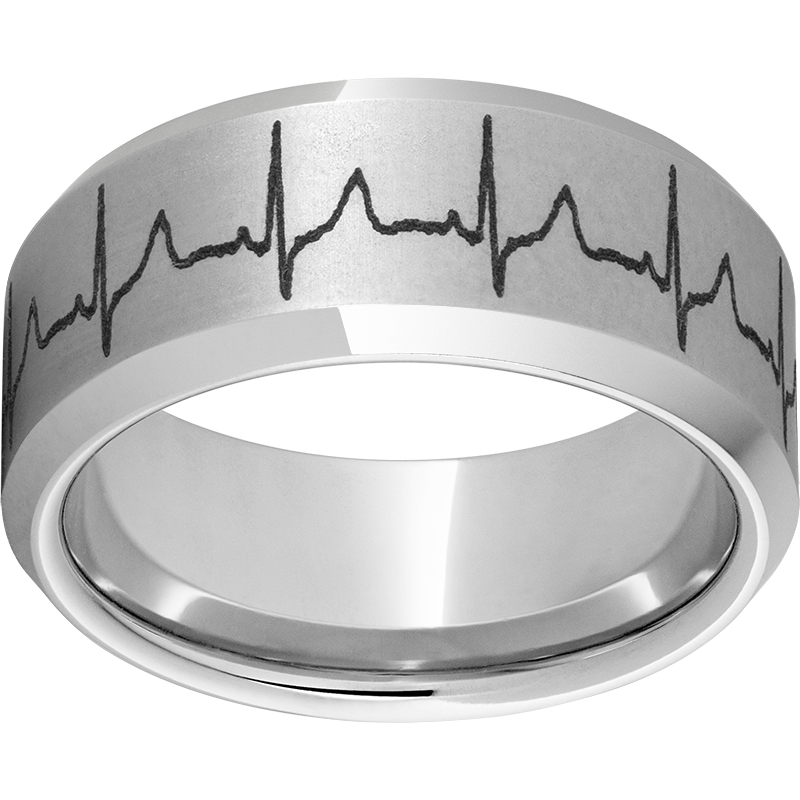 Serinium® 10mm Beveled Edge Band with Heartbeat Laser Engraving  Jerald Jewelers Latrobe, PA