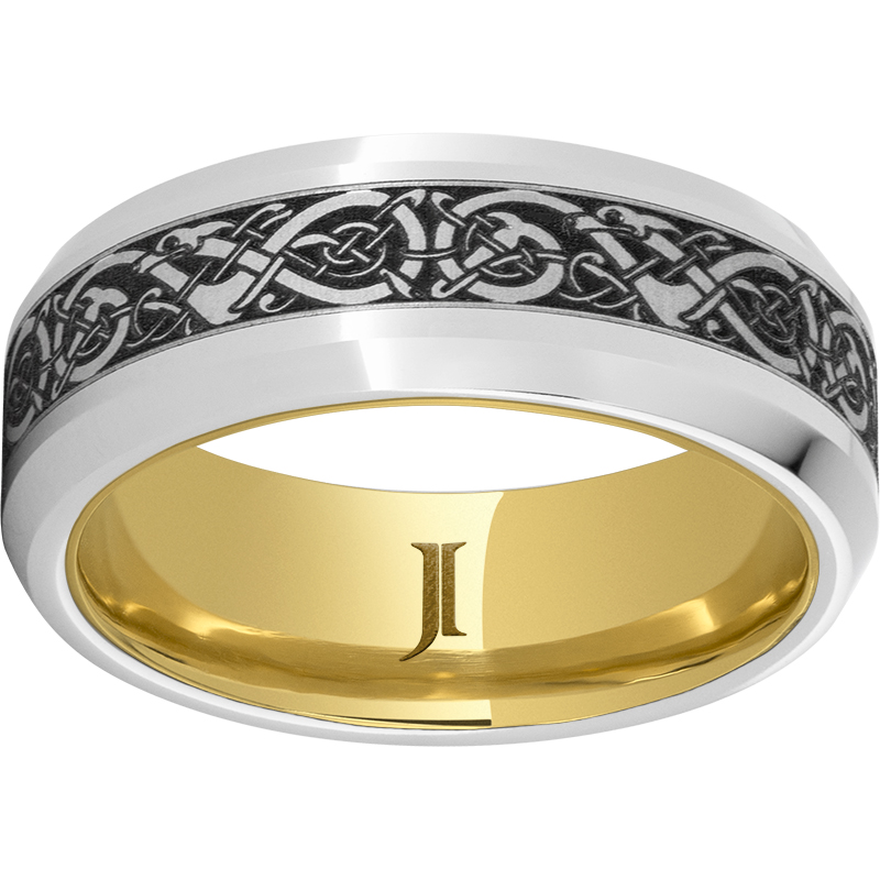 Serinium® Beveled Edge Band with Viking Laser Engraving and Hidden Gold™ 10K Yellow Gold Inlay Lennon's W.B. Wilcox Jewelers New Hartford, NY
