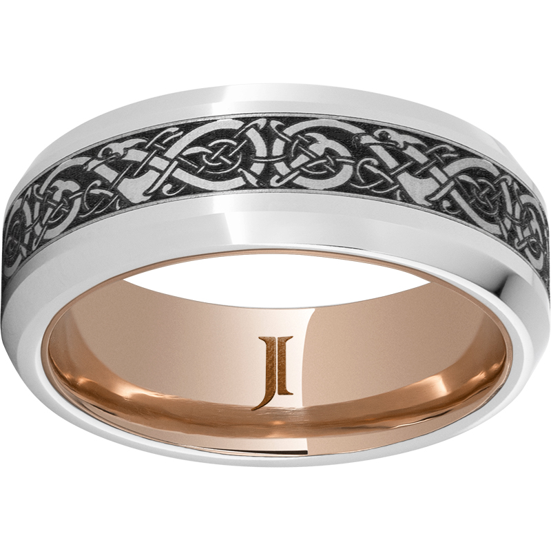 Serinium® Beveled Edge Band with Viking Laser Engraving and Hidden Gold™ 10K Rose Gold Inlay Lennon's W.B. Wilcox Jewelers New Hartford, NY