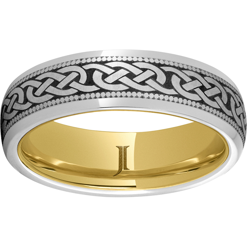 Serinium® Domed Band with 3KM Laser Engraving and Hidden Gold™ 10K Yellow Gold Inlay Lennon's W.B. Wilcox Jewelers New Hartford, NY