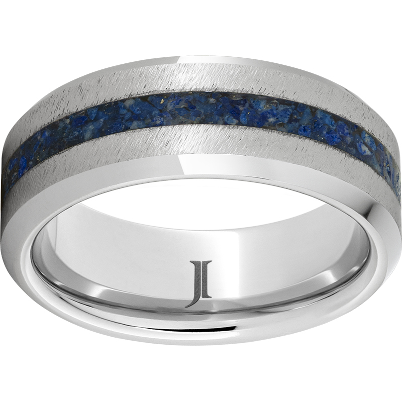 Serinium® Beveled Edge Band with 2mm Lapis Inlay and Grain Finish Michele & Company Fine Jewelers Lapeer, MI