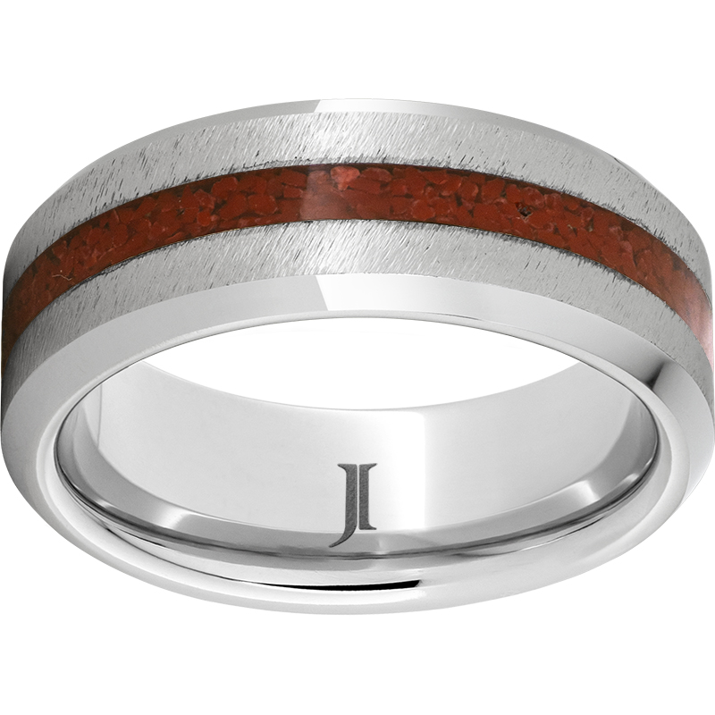 Serinium® Beveled Edge Band with 2mm Coral Inlay and Grain Finish Milano Jewelers Pembroke Pines, FL