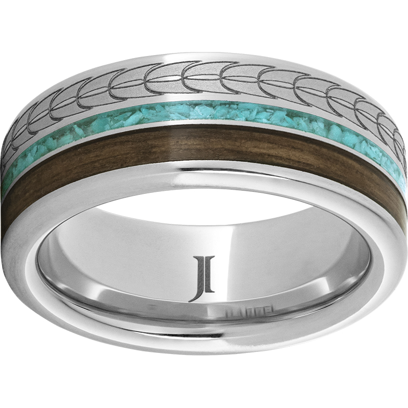 Serinium® Flat Band with 1mm Turquoise Inlay, 2mm Off-Center Bourbon Barrel Aged™ Inlay and Feather Laser Engraving John E. Koller Jewelry Designs Owasso, OK