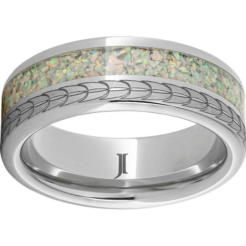 Serinium® Flat Band with 3mm Off-Center Opal Inlay and Feather Laser Engraving Milano Jewelers Pembroke Pines, FL