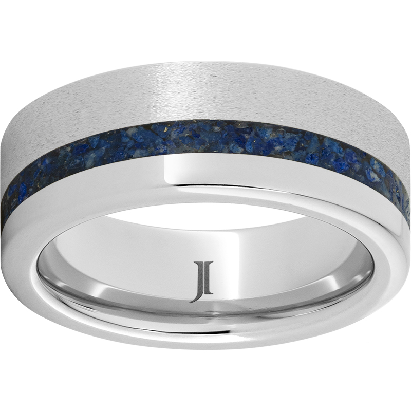 Serinium® Flat Band with 3mm Off-Center Lapis Inlay and 1/2 Stone Finish Jerald Jewelers Latrobe, PA