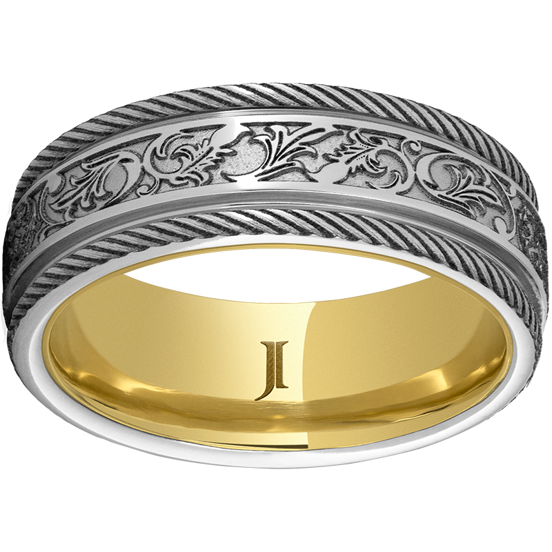 Serinium® Rounded Edge Band with Rope Edge & Latigo Laser Engravings and Hidden Gold™ 10K Yellow Inlay John E. Koller Jewelry Designs Owasso, OK