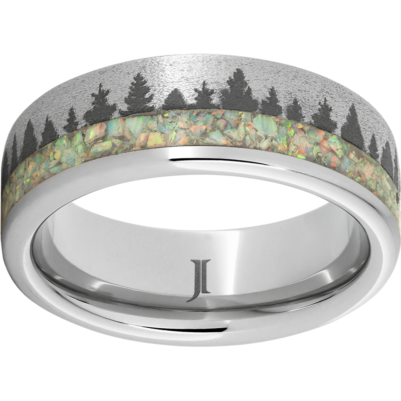 Serinium® Flat Band with 2mm Off-Center Opal Inlay and Pine Laser Engraving and Stone Finish Lennon's W.B. Wilcox Jewelers New Hartford, NY