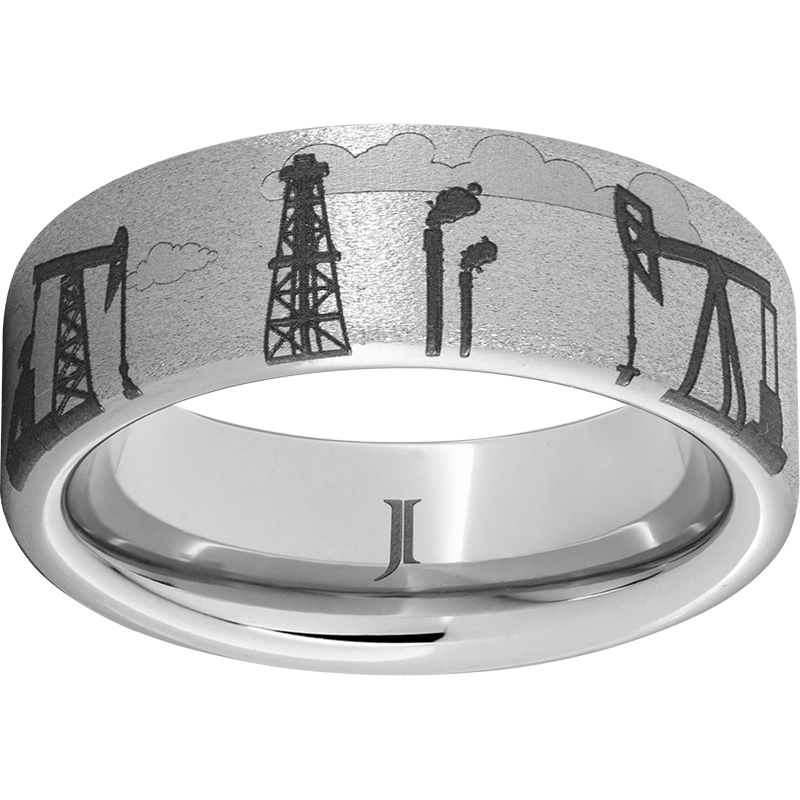 Serinium® Flat Band with Stone Finish and Oil Field Laser Engraving Jerald Jewelers Latrobe, PA